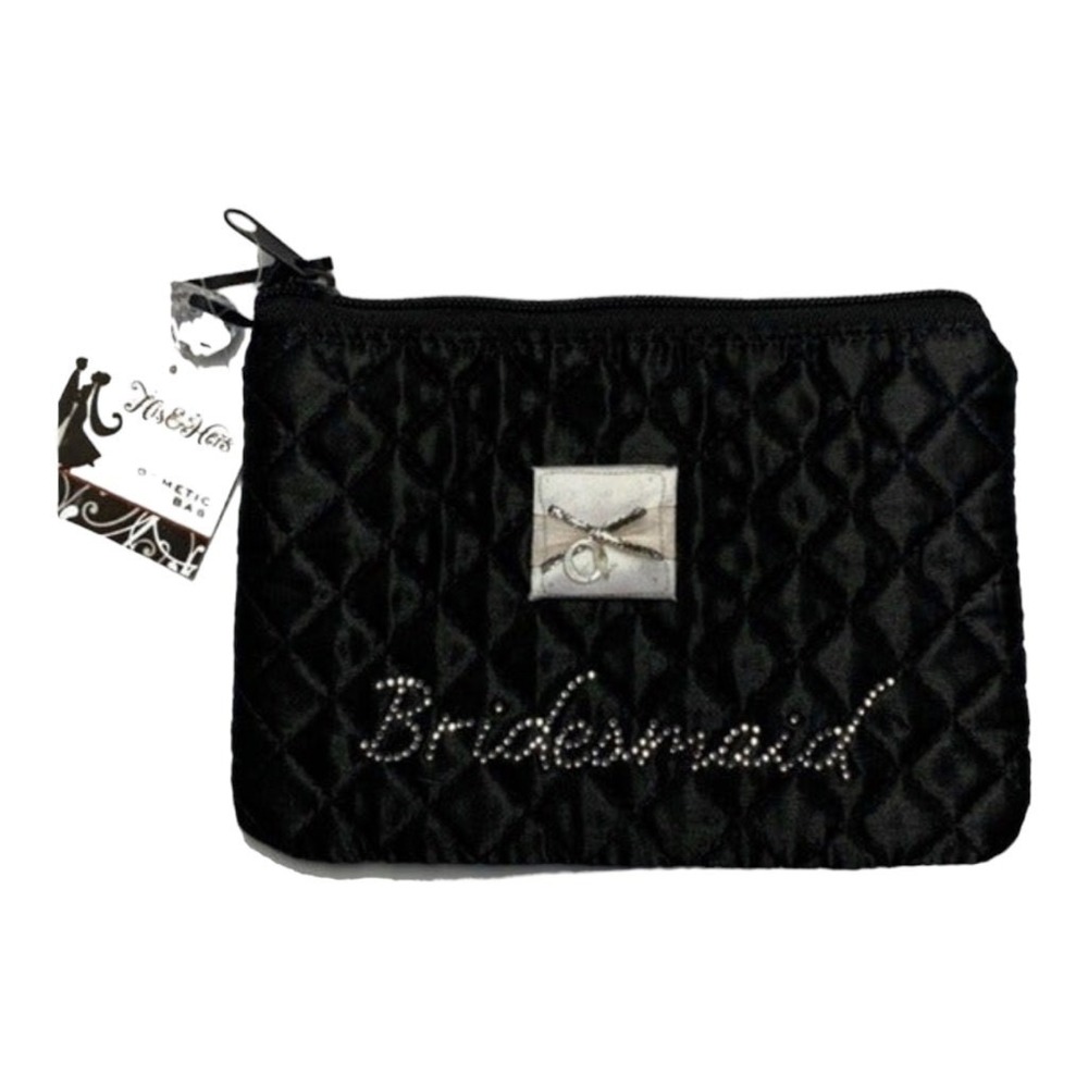His & Hers Bridesmaid Makeup Bag Black Satin Rhinestone Cosmetic Bride‎ Weddings
